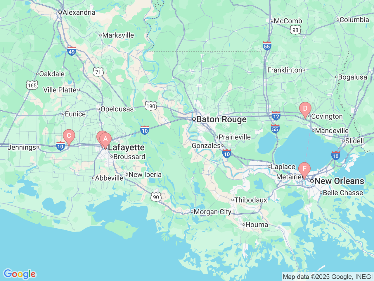 Map of Ochsner-affiliated facilities that provide services related to Kidney Cancer