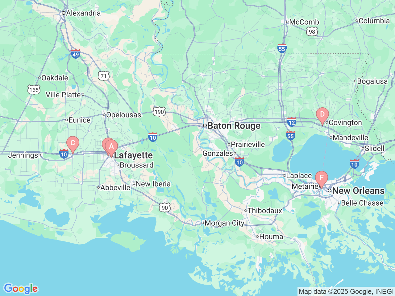 Map of Ochsner-affiliated facilities that provide services related to Kidney Cancer