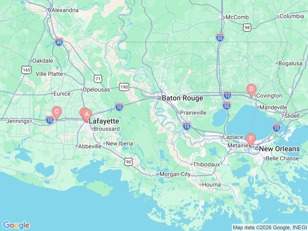 Map of Ochsner-affiliated facilities that provide services related to Kidney Cancer