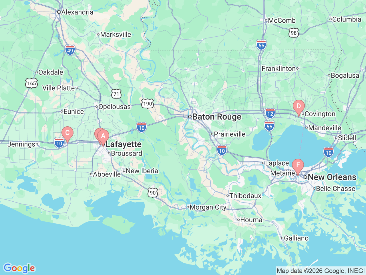 Map of Ochsner-affiliated facilities that provide services related to Kidney Cancer