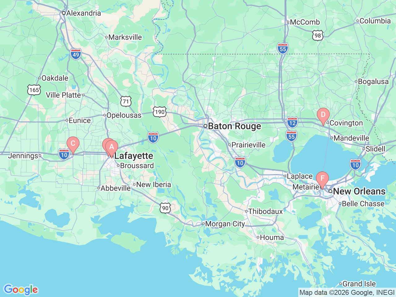 Map of Ochsner-affiliated facilities that provide services related to Kidney Cancer