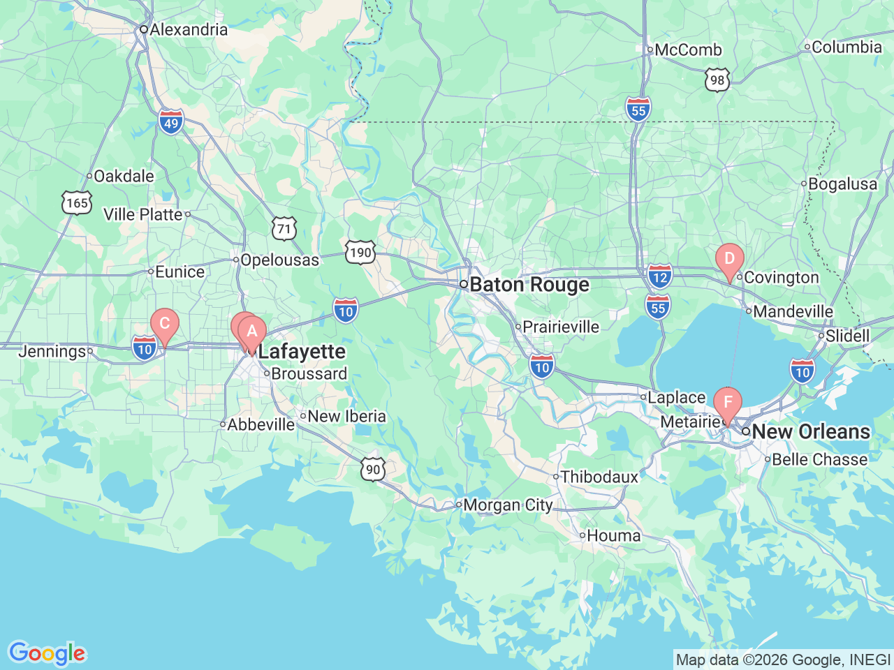 Map of Ochsner-affiliated facilities that provide services related to Kidney Cancer