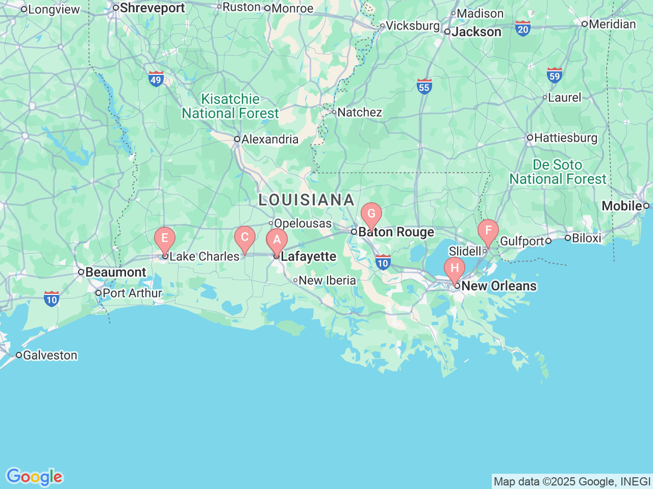 Map of Ochsner-affiliated facilities that provide services related to Kidney Stones