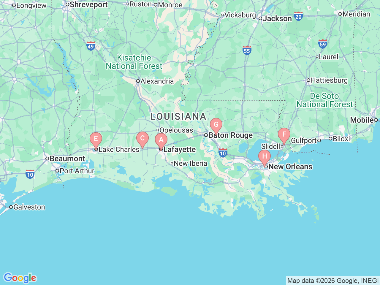 Map of Ochsner-affiliated facilities that provide services related to Kidney Stones