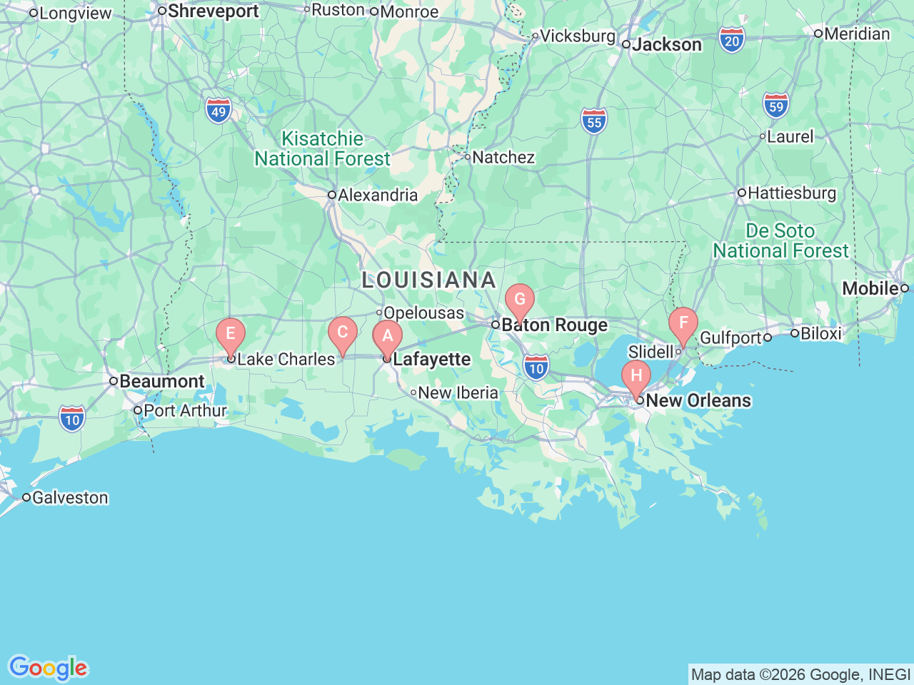 Map of Ochsner-affiliated facilities that provide services related to Kidney Stones