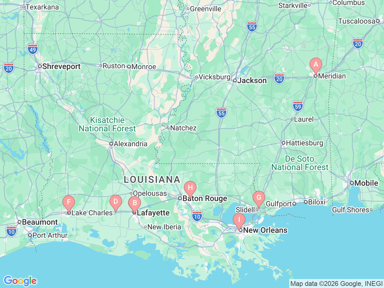 Map of Ochsner-affiliated facilities that provide services related to Kidney Stones