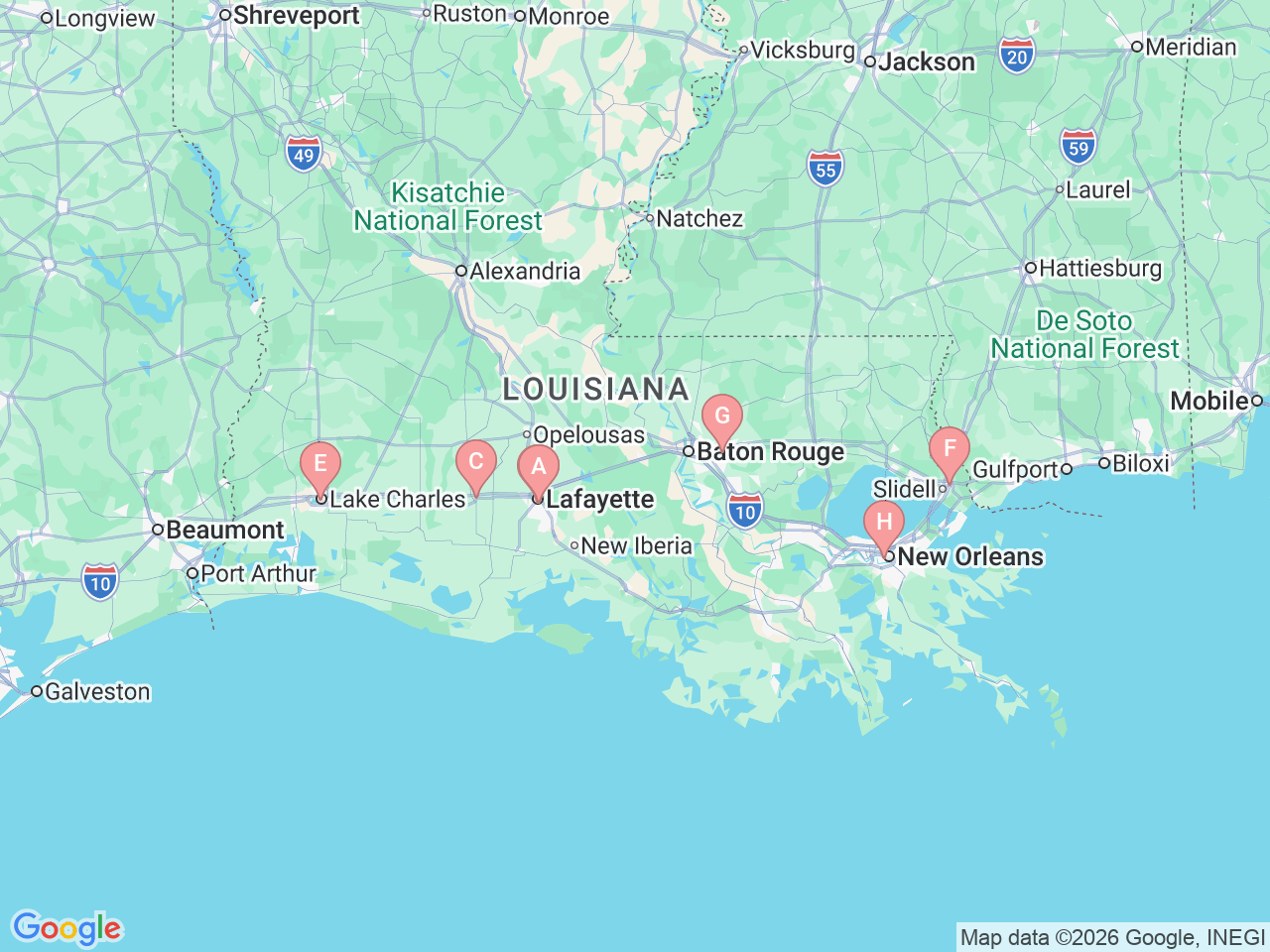 Map of Ochsner-affiliated facilities that provide services related to Kidney Stones