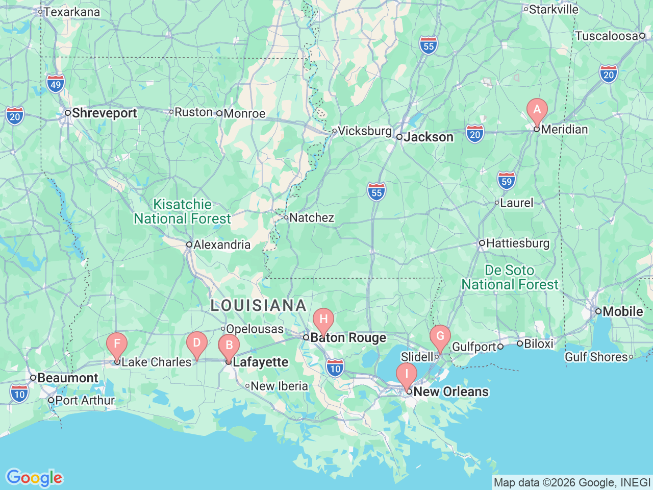 Map of Ochsner-affiliated facilities that provide services related to Kidney Stones