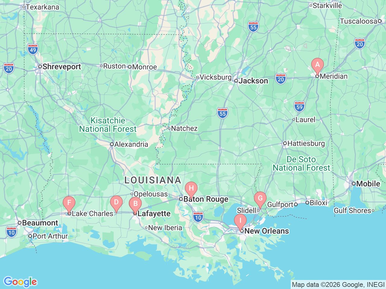 Map of Ochsner-affiliated facilities that provide services related to Kidney Stones