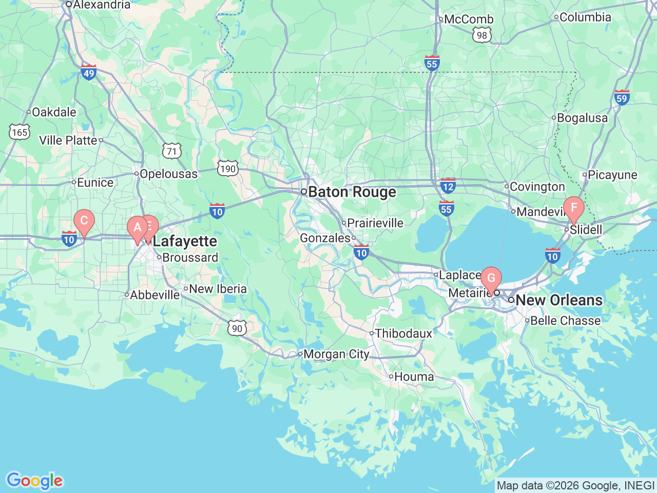 Map of Ochsner-affiliated facilities that provide services related to Knee Pain and Knee Replacement Surgery