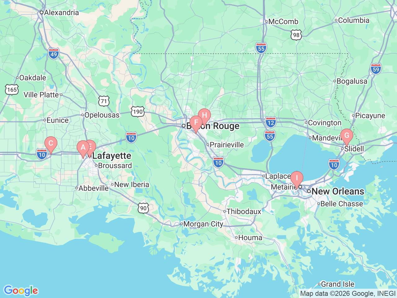 Map of Ochsner-affiliated facilities that provide services related to Knee Pain and Knee Replacement Surgery