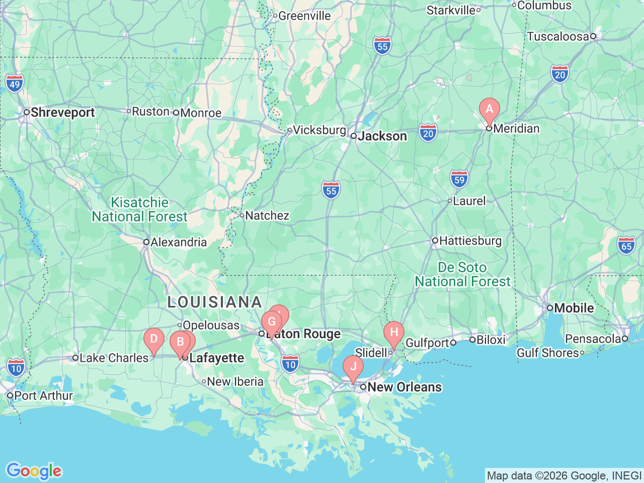 Map of Ochsner-affiliated facilities that provide services related to Knee Pain and Knee Replacement Surgery