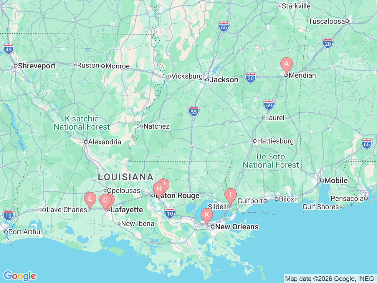 Map of Ochsner-affiliated facilities that provide services related to Knee Pain and Knee Replacement Surgery