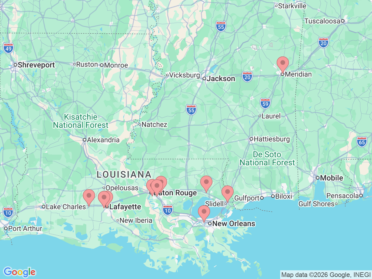 Map of Ochsner-affiliated facilities that provide services related to Knee Pain and Knee Replacement Surgery