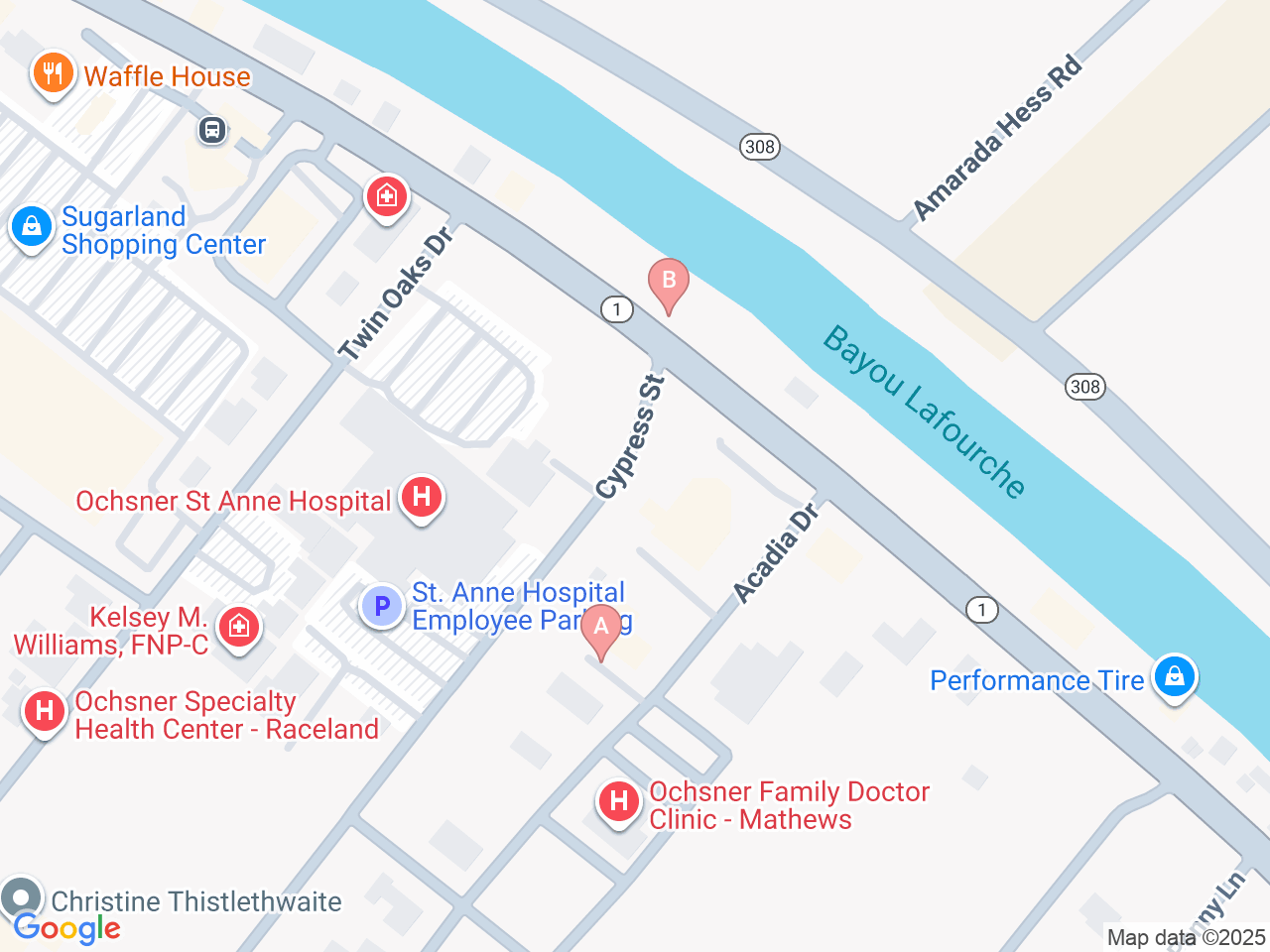 Map of Ochsner-affiliated facilities that provide services related to Family Birthing Services: St. Anne