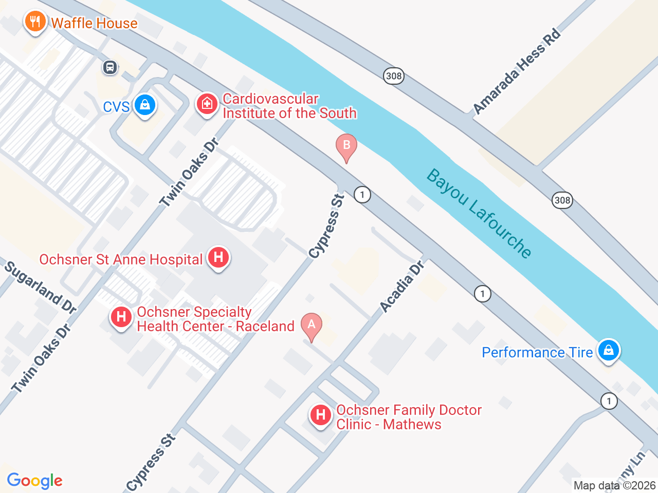 Map of Ochsner-affiliated facilities that provide services related to Family Birthing Services: St. Anne