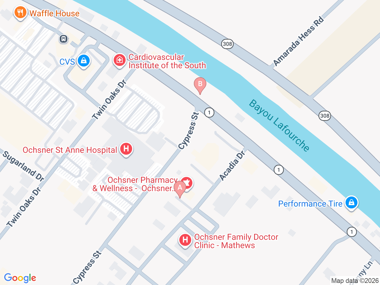 Map of Ochsner-affiliated facilities that provide services related to Family Birthing Services: St. Anne