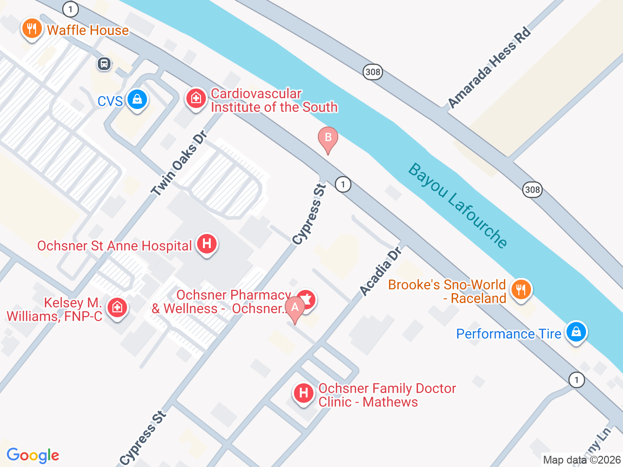 Map of Ochsner-affiliated facilities that provide services related to Family Birthing Services: St. Anne
