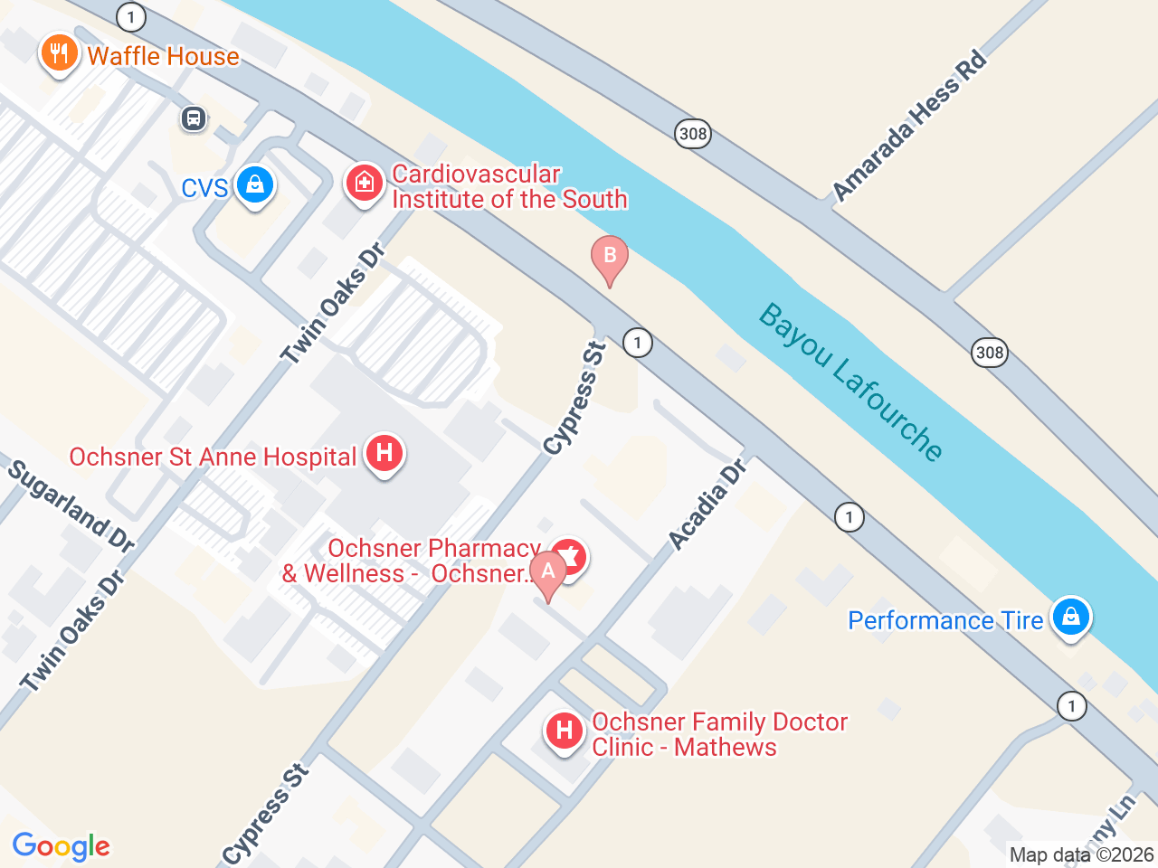 Map of Ochsner-affiliated facilities that provide services related to Family Birthing Services: St. Anne