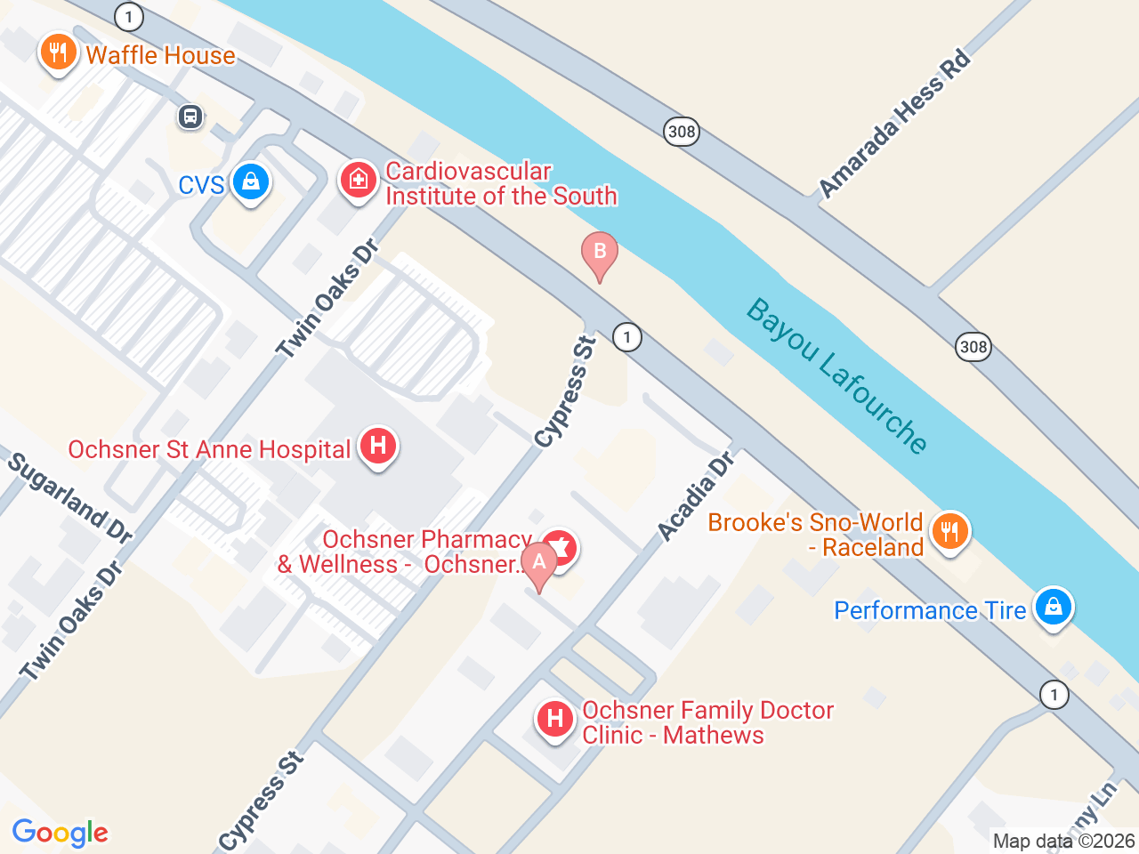 Map of Ochsner-affiliated facilities that provide services related to Family Birthing Services: St. Anne