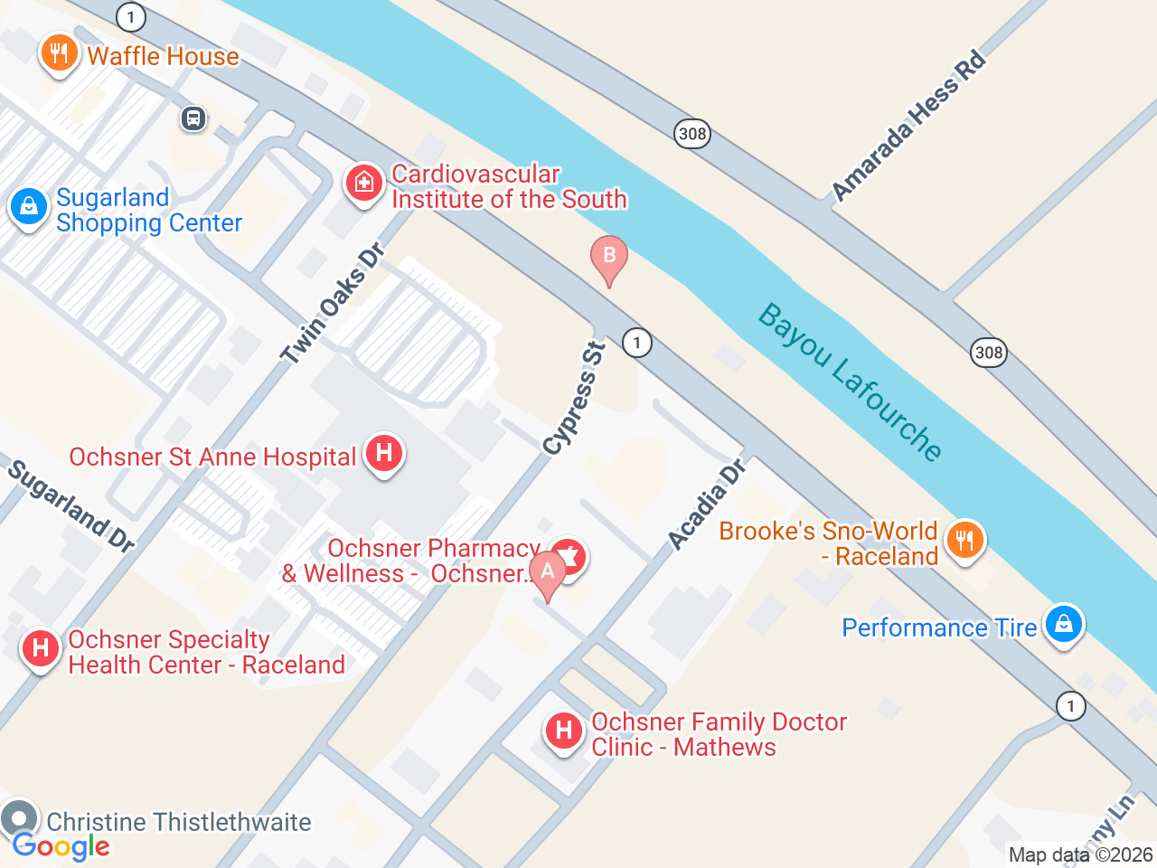 Map of Ochsner-affiliated facilities that provide services related to Family Birthing Services: St. Anne