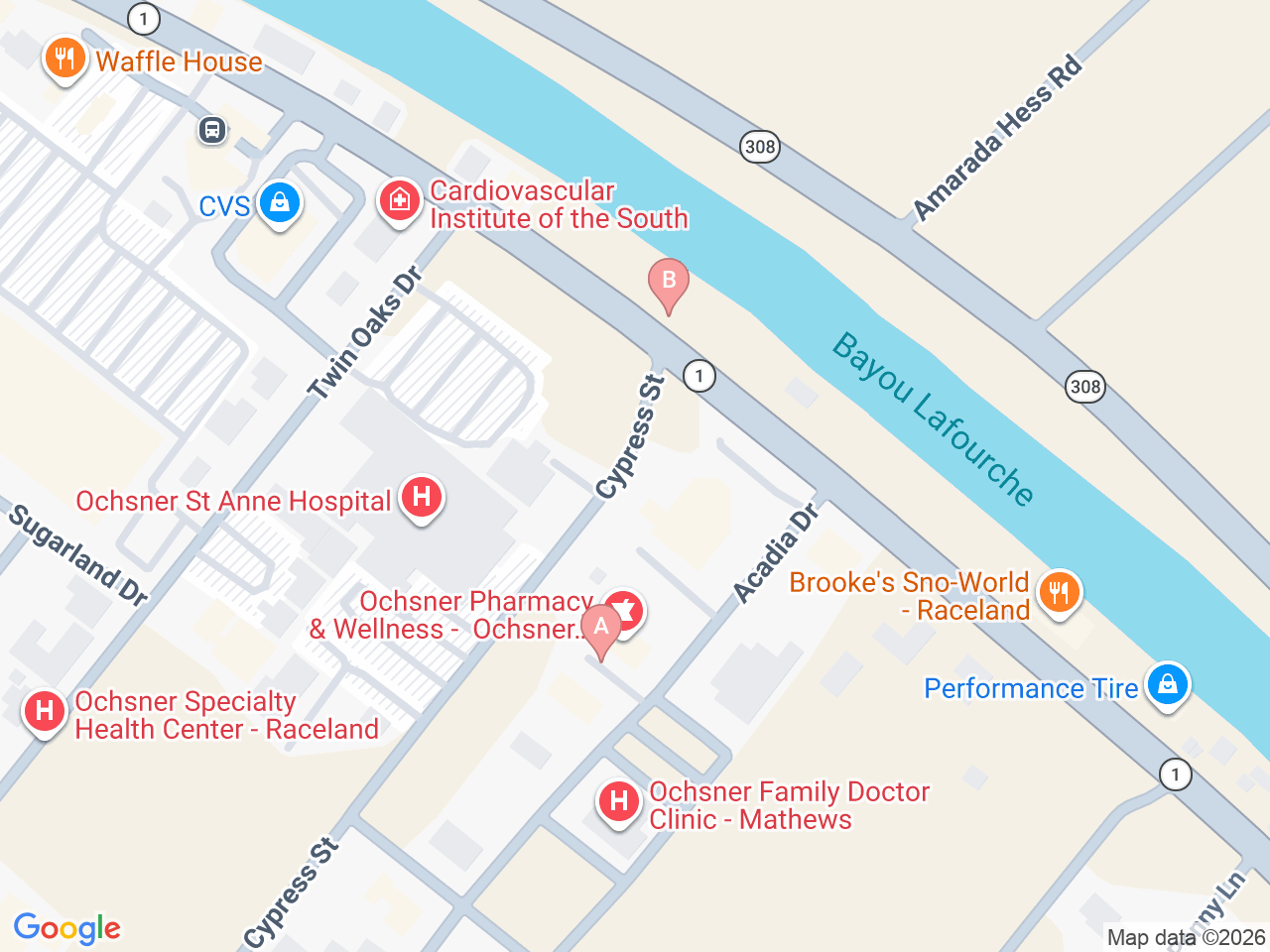 Map of Ochsner-affiliated facilities that provide services related to Family Birthing Services: St. Anne