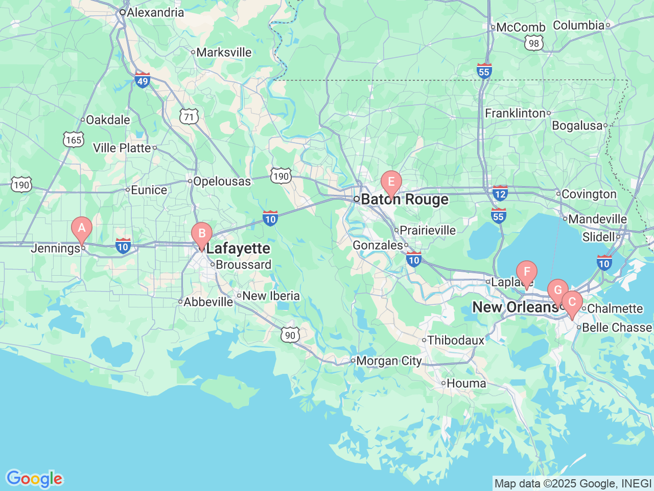 Map of Ochsner-affiliated facilities that provide services related to Lactation Consultants for Breastfeeding