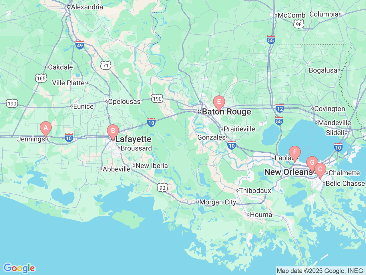 Map of Ochsner-affiliated facilities that provide services related to Lactation Consultants for Breastfeeding