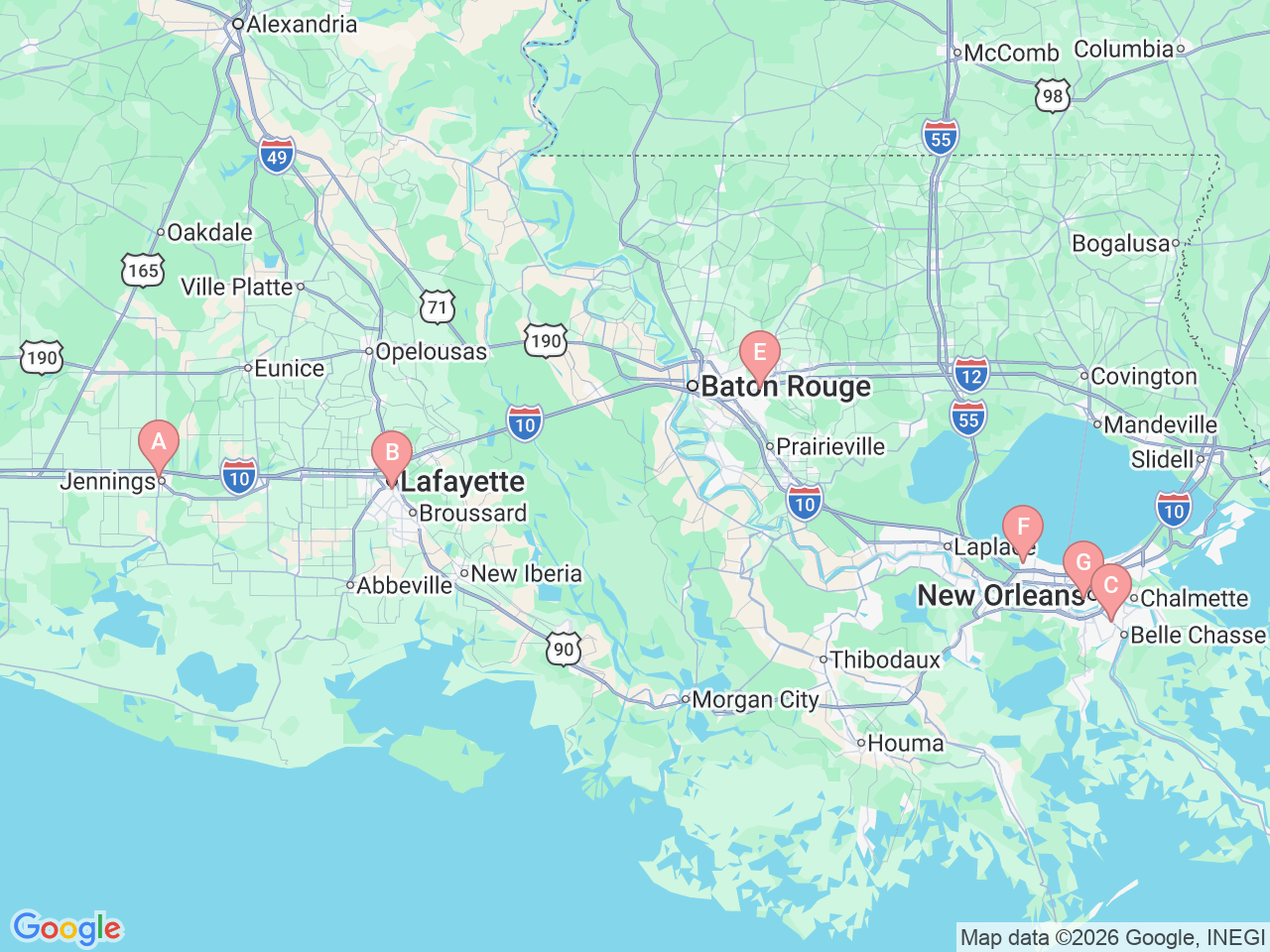 Map of Ochsner-affiliated facilities that provide services related to Lactation Consultants for Breastfeeding