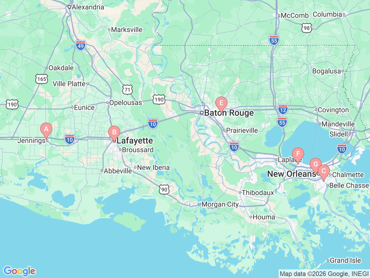 Map of Ochsner-affiliated facilities that provide services related to Lactation Consultants for Breastfeeding