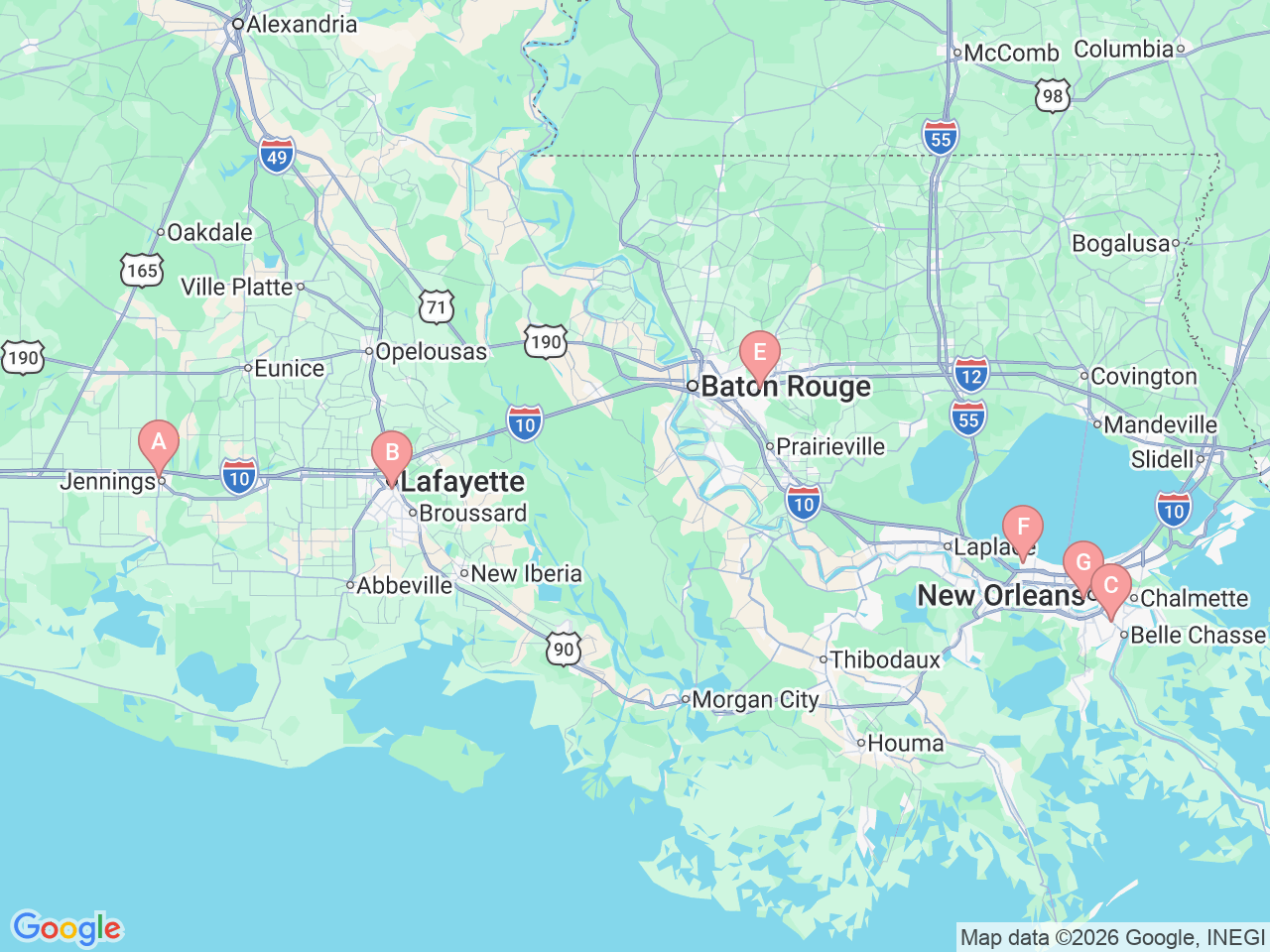 Map of Ochsner-affiliated facilities that provide services related to Lactation Consultants for Breastfeeding