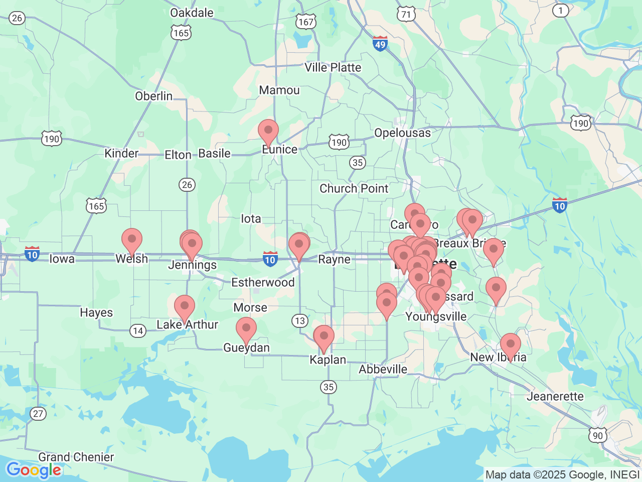 Map of Ochsner-affiliated facilities that provide services related to Lafayette Area