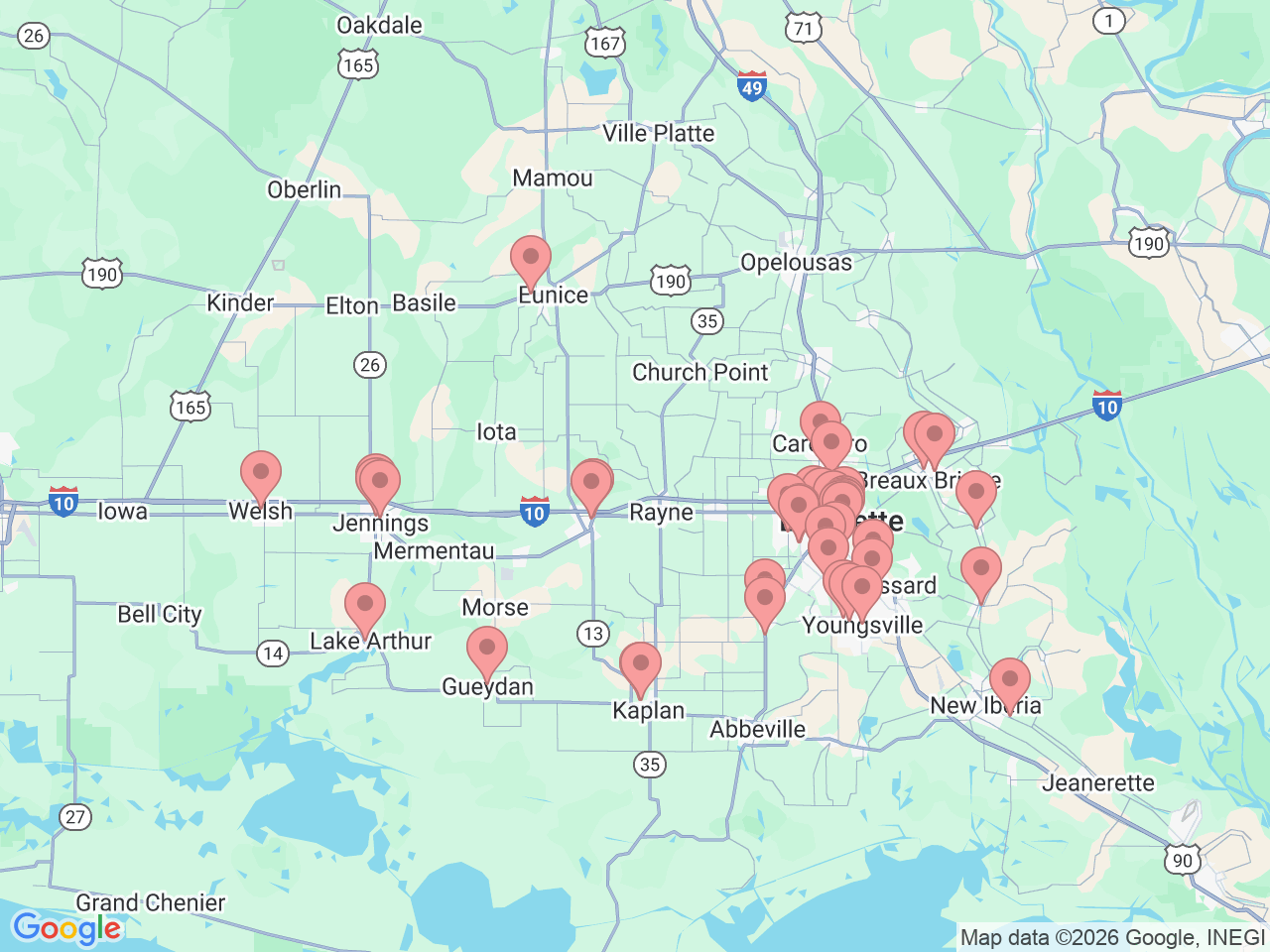 Map of Ochsner-affiliated facilities that provide services related to Lafayette Area