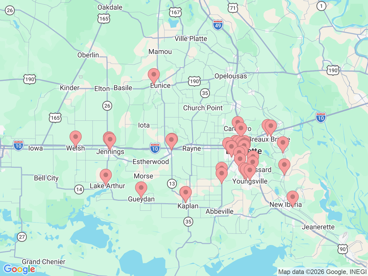 Map of Ochsner-affiliated facilities that provide services related to Lafayette Area