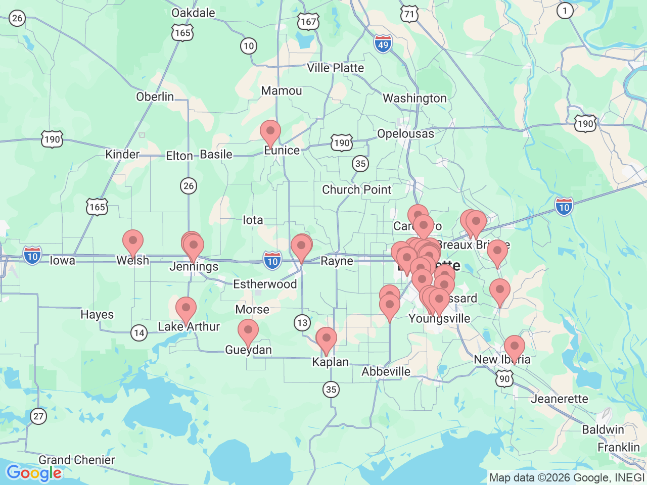 Map of Ochsner-affiliated facilities that provide services related to Lafayette Area