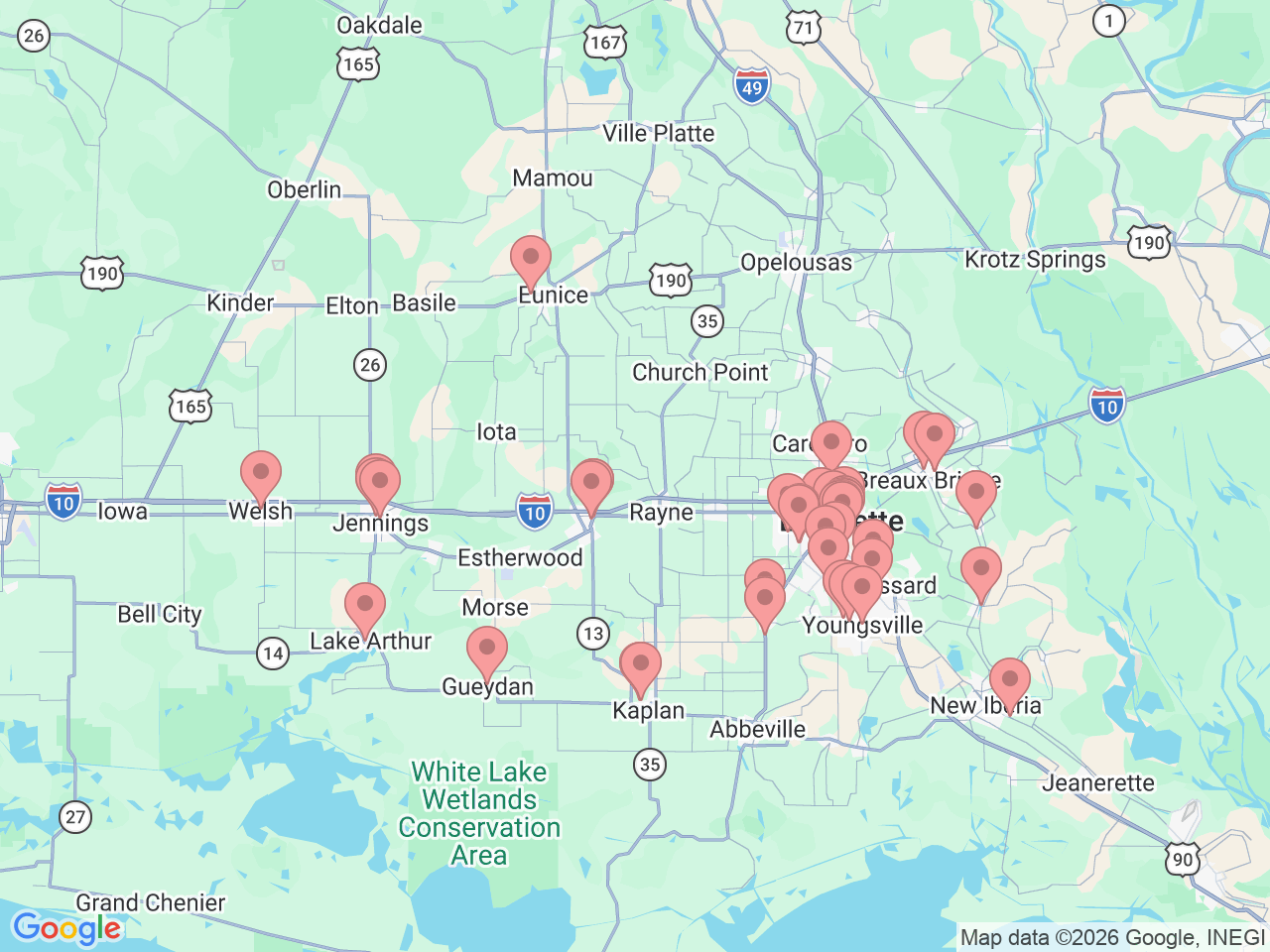 Map of Ochsner-affiliated facilities that provide services related to Lafayette Area