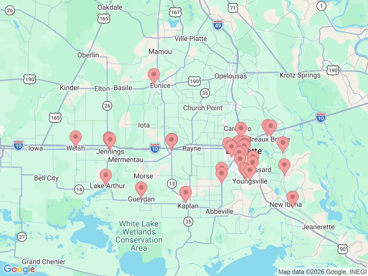 Map of Ochsner-affiliated facilities that provide services related to Lafayette Area