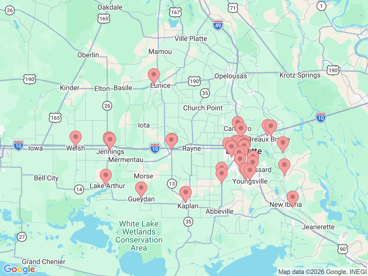 Map of Ochsner-affiliated facilities that provide services related to Lafayette Area