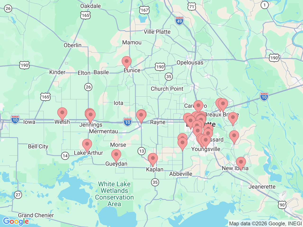 Map of Ochsner-affiliated facilities that provide services related to Lafayette Area