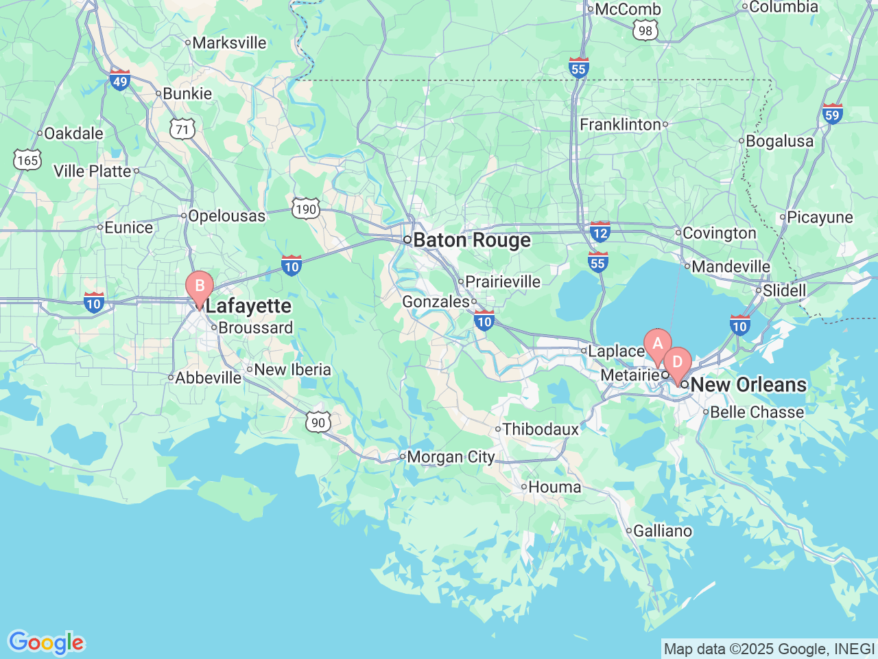 Map of Ochsner-affiliated facilities that provide services related to Laser Vision Treatment