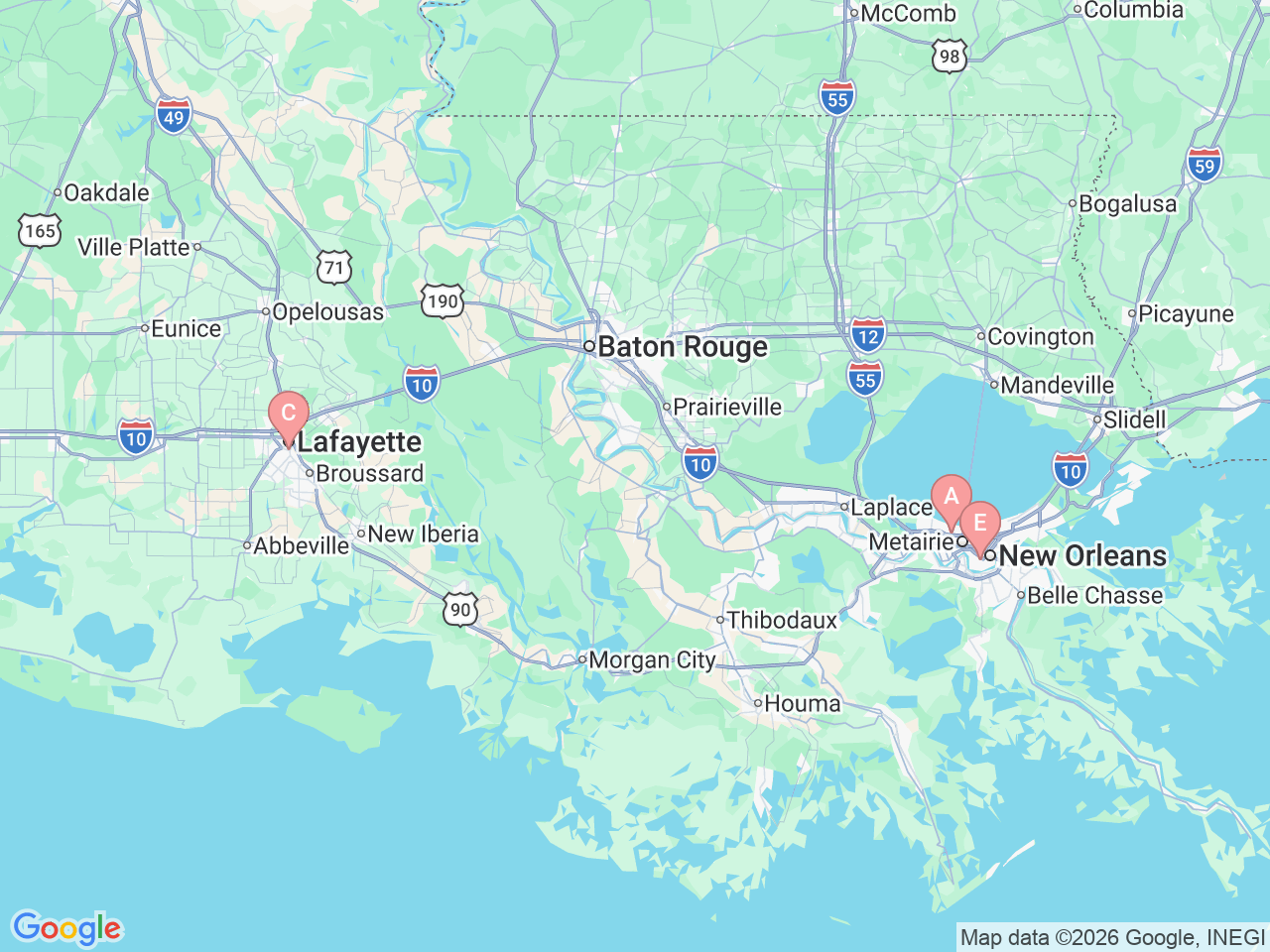 Map of Ochsner-affiliated facilities that provide services related to Laser Vision Treatment