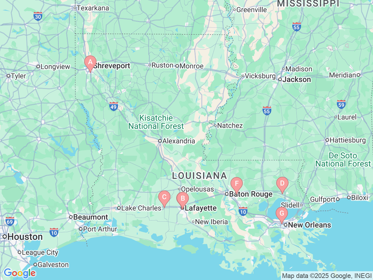 Map of Ochsner-affiliated facilities that provide services related to Leukemia