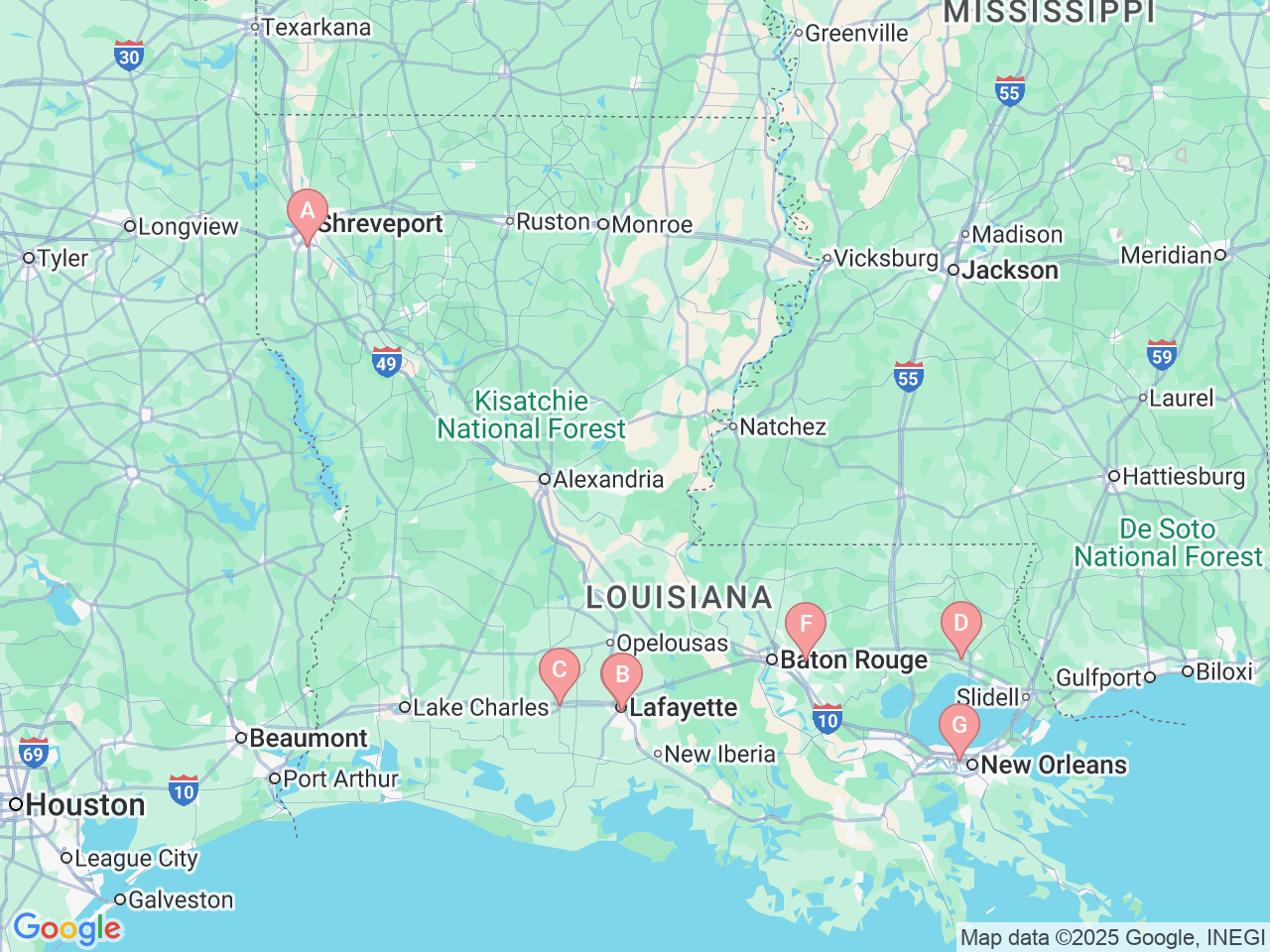 Map of Ochsner-affiliated facilities that provide services related to Leukemia