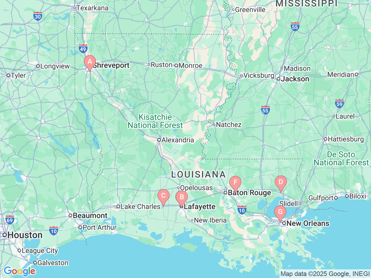 Map of Ochsner-affiliated facilities that provide services related to Leukemia