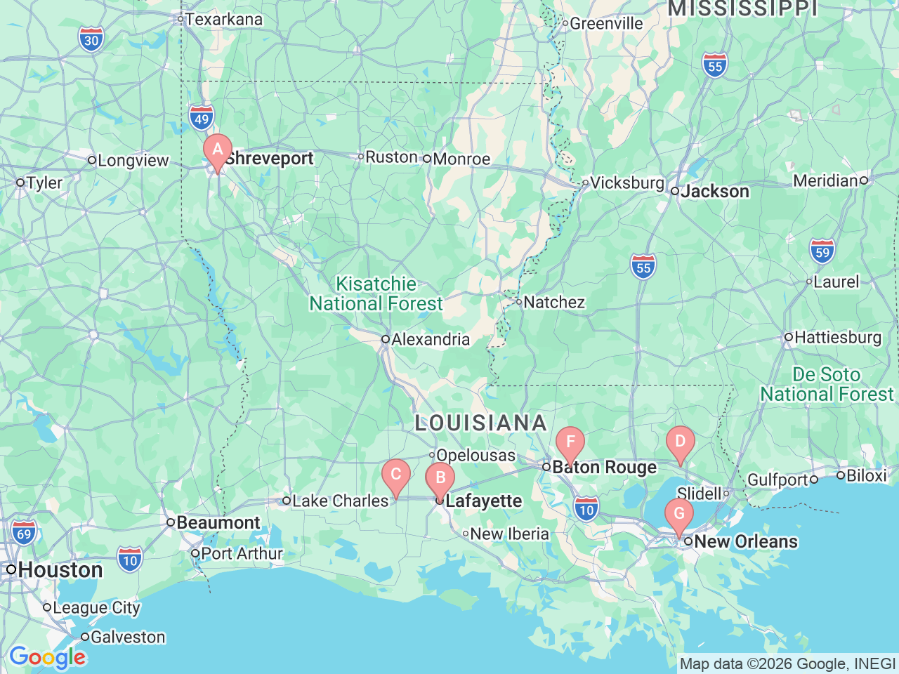 Map of Ochsner-affiliated facilities that provide services related to Leukemia