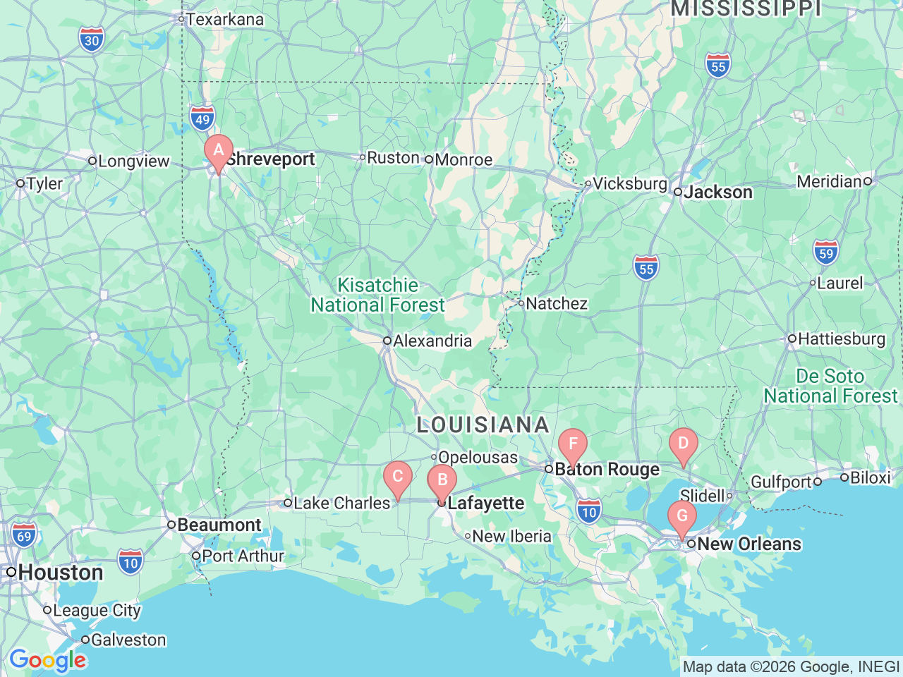 Map of Ochsner-affiliated facilities that provide services related to Leukemia