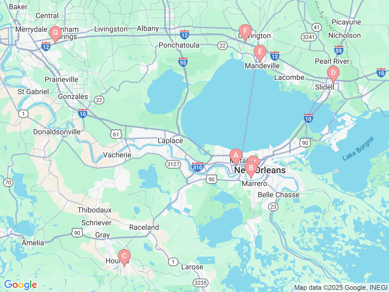 Map of Ochsner-affiliated facilities that provide services related to LGBTQ+ Healthcare