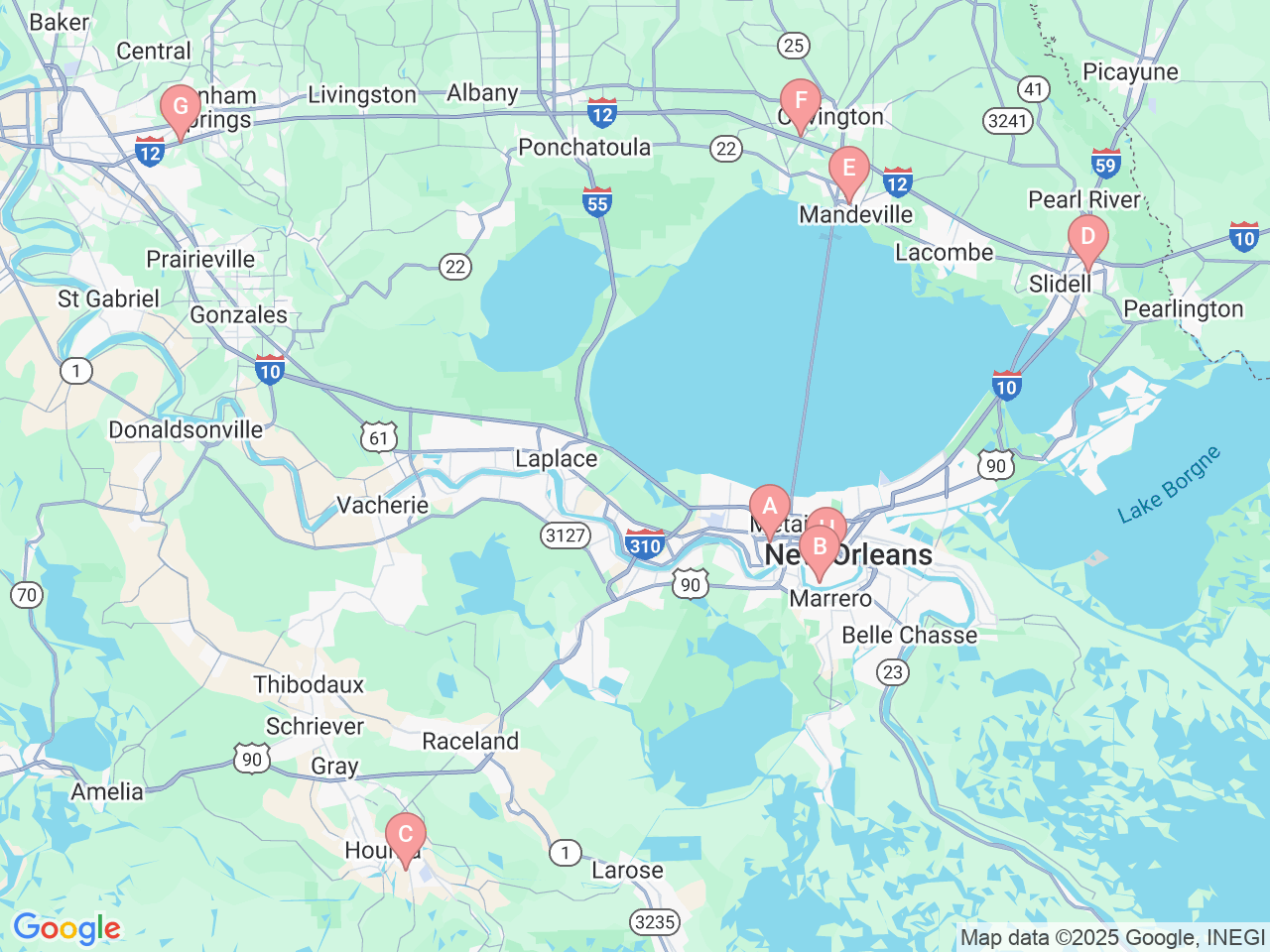Map of Ochsner-affiliated facilities that provide services related to LGBTQ+ Healthcare