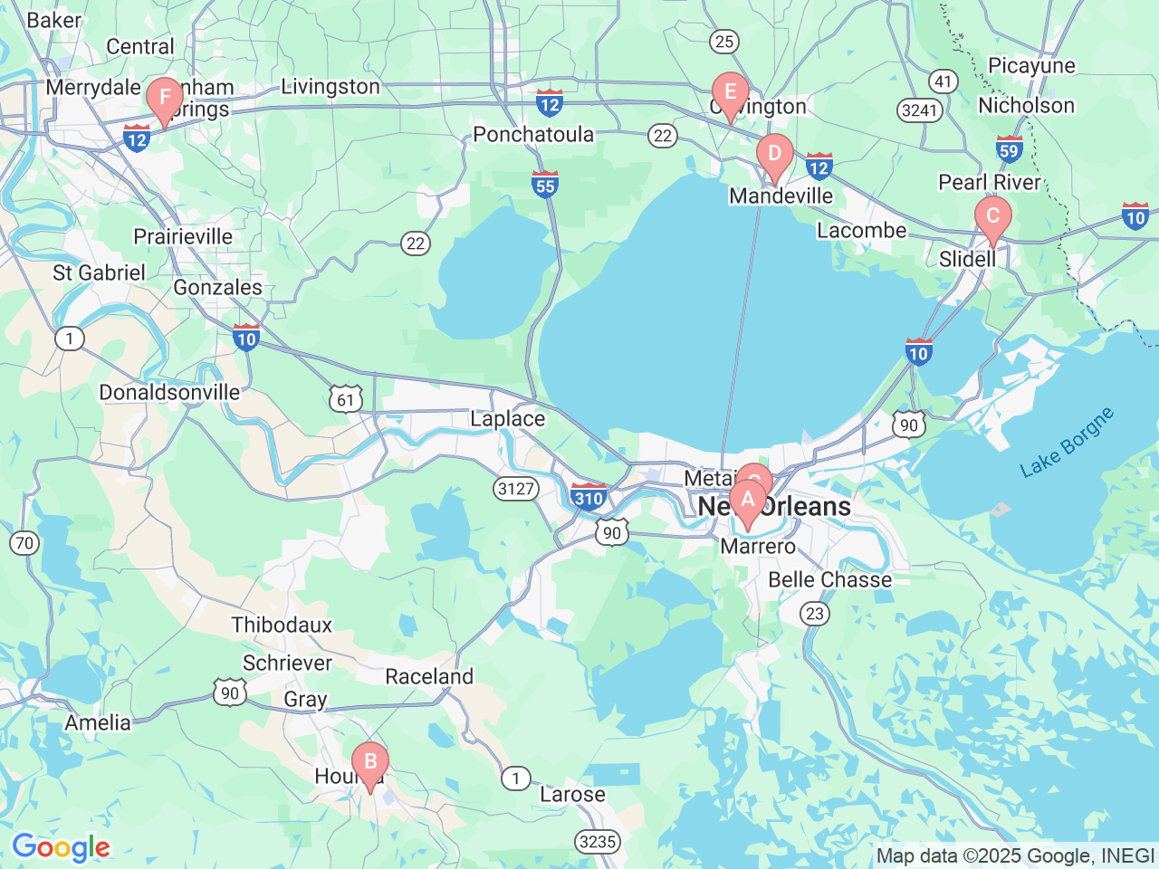 Map of Ochsner-affiliated facilities that provide services related to LGBTQ+ Healthcare