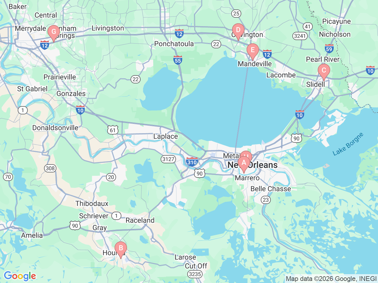 Map of Ochsner-affiliated facilities that provide services related to LGBTQ+ Healthcare